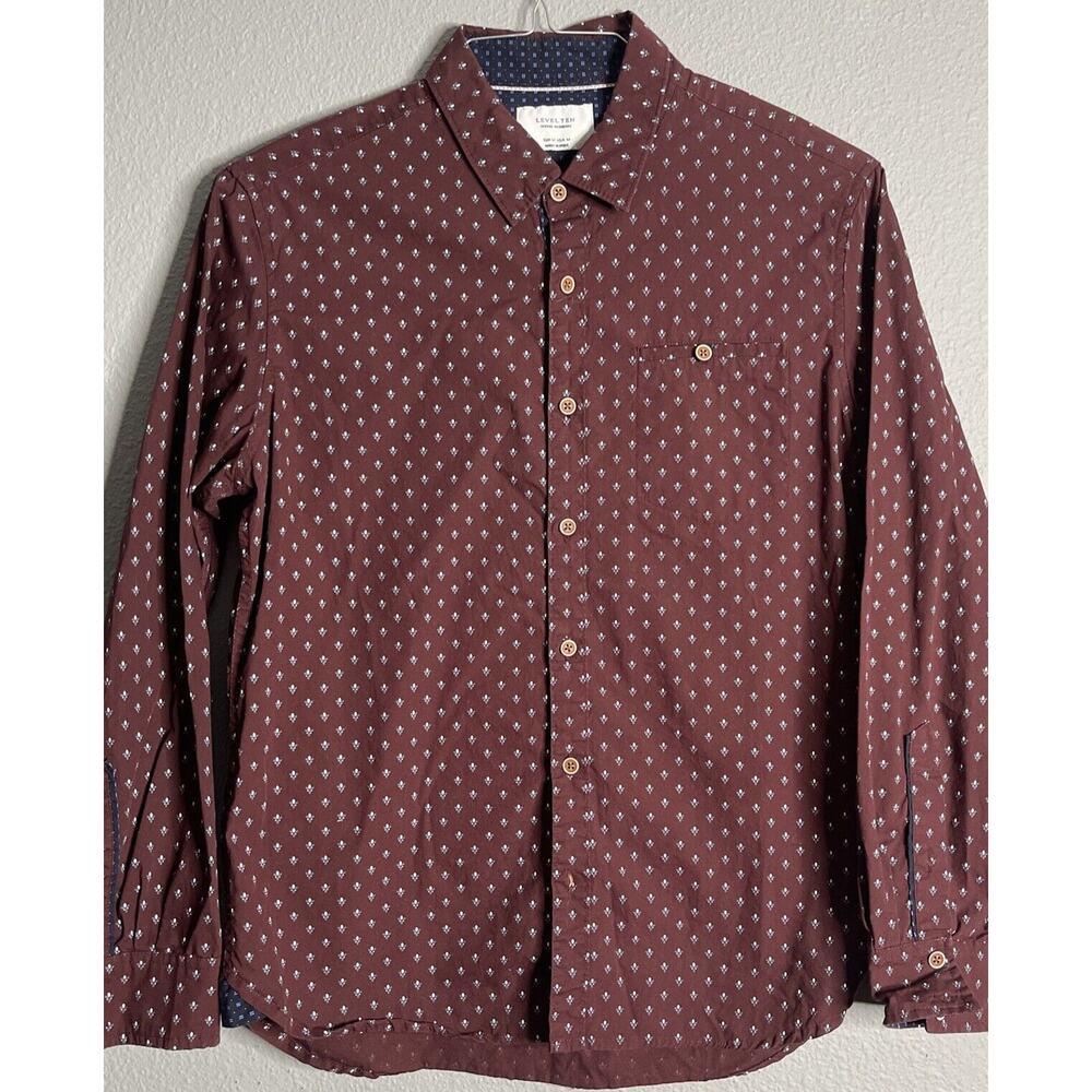 Level Ten Mens Size Medium Woven Button Down Shirt Modern Maroon Academia Career